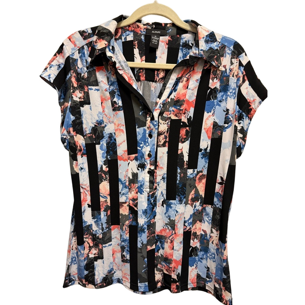 Alfani Women's Button Down Shirt - Black, Blue, Red Floral Stripes